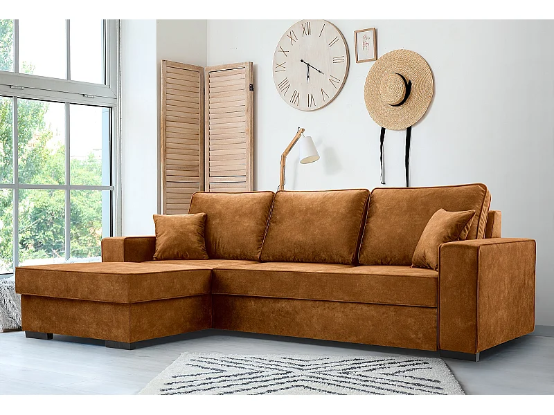 Schlafcouch mit Stauraum & Schlaffunktion – Sofa mit Automatik-Wagenmechanismus, Veloursstoff, gepolstertes Ecksofa | 223x160 cm | Gold, Linke Seite
