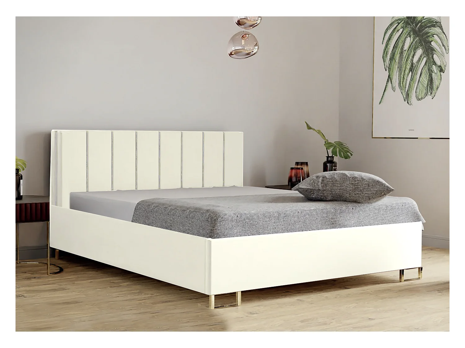 Polsterbett MALIBU 180x200 Beige, VELUTTO-Stoff, gepolstertes Kopfteil, Bettkasten mit Gasdruckfeder, 39 cm hoch, Weiß