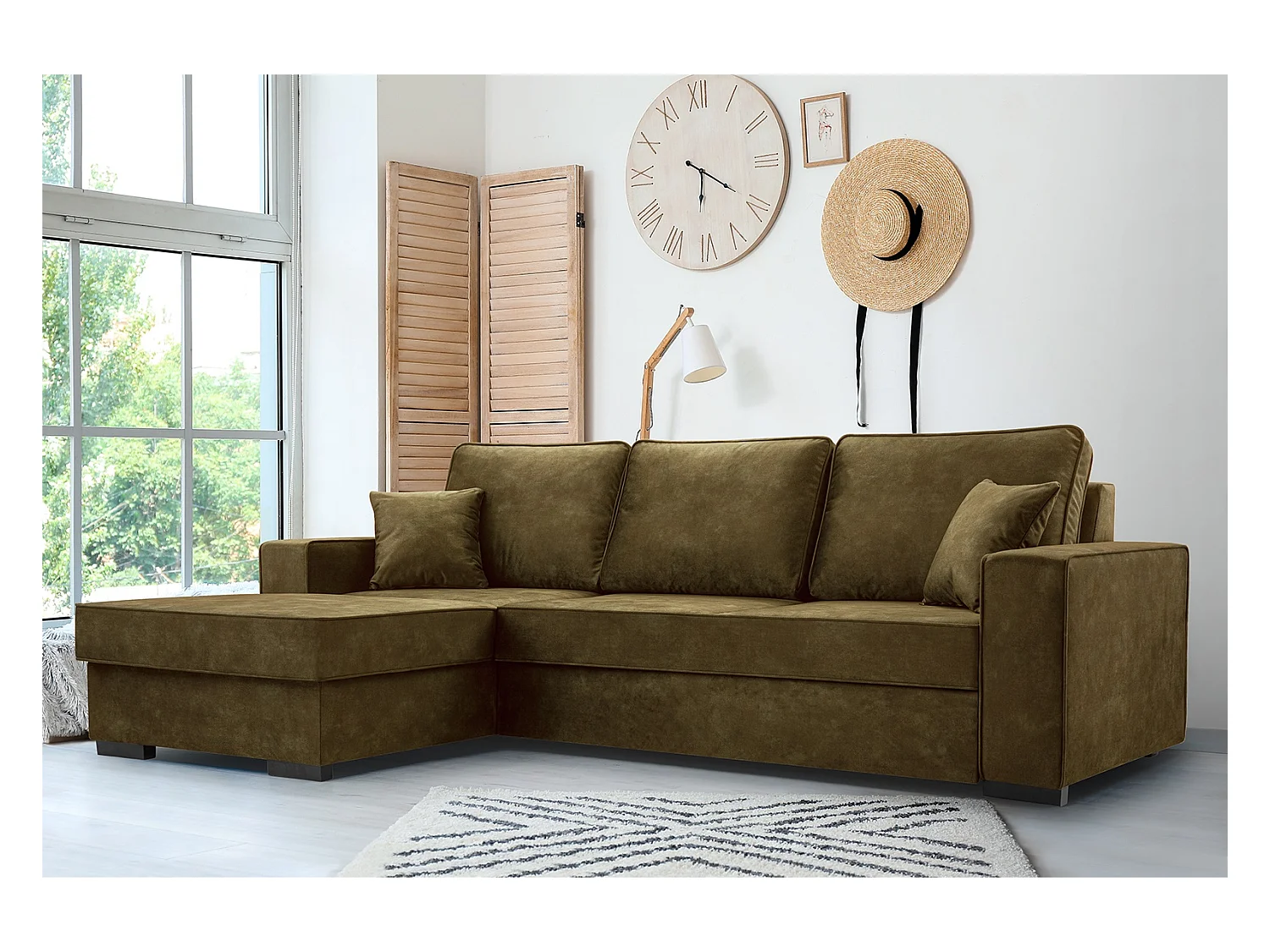 Schlafcouch mit Stauraum & Schlaffunktion – Sofa mit Automatik-Wagenmechanismus, Veloursstoff, gepolstertes Ecksofa | 223x160 cm | Grün, Linke Seite