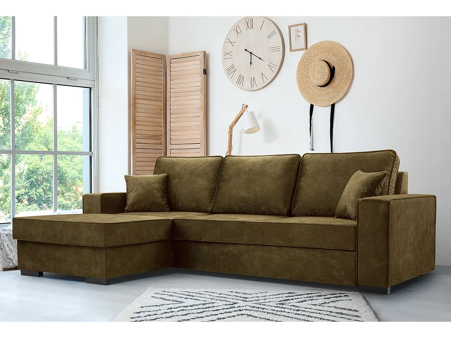 Schlafcouch mit Stauraum & Schlaffunktion – Sofa mit Automatik-Wagenmechanismus, Veloursstoff, gepolstertes Ecksofa | 223x160 cm | Grün, Linke Seite