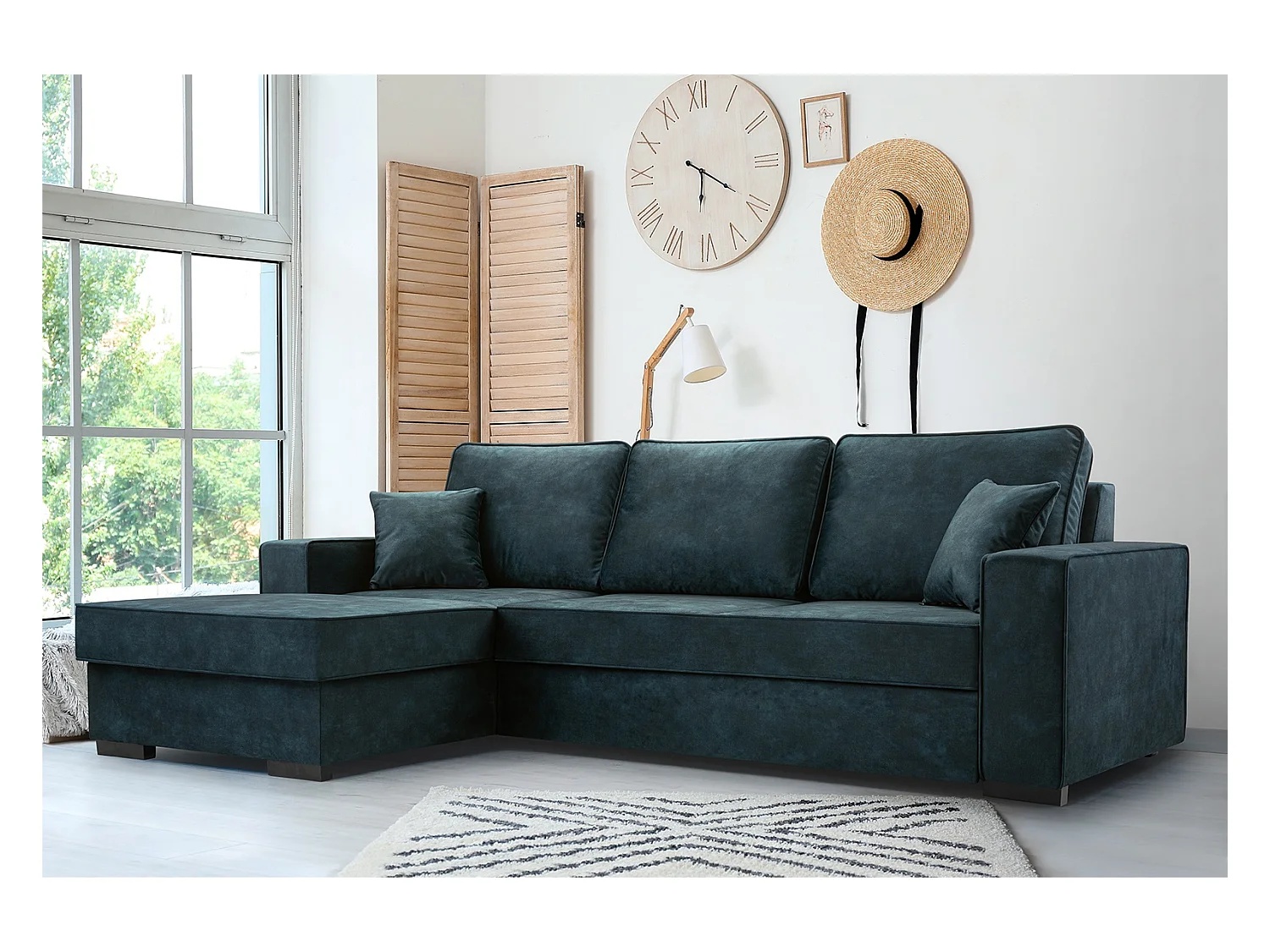 Schlafcouch mit Stauraum & Schlaffunktion – Sofa mit Automatik-Wagenmechanismus, Veloursstoff, gepolstertes Ecksofa | 223x160 cm | Blau, Linke Seite