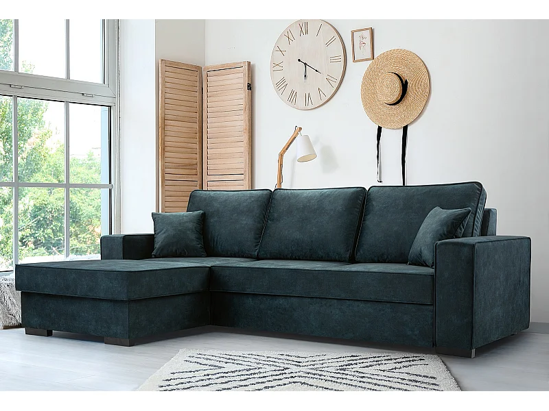 Schlafcouch mit Stauraum & Schlaffunktion – Sofa mit Automatik-Wagenmechanismus, Veloursstoff, gepolstertes Ecksofa | 223x160 cm | Blau, Linke Seite