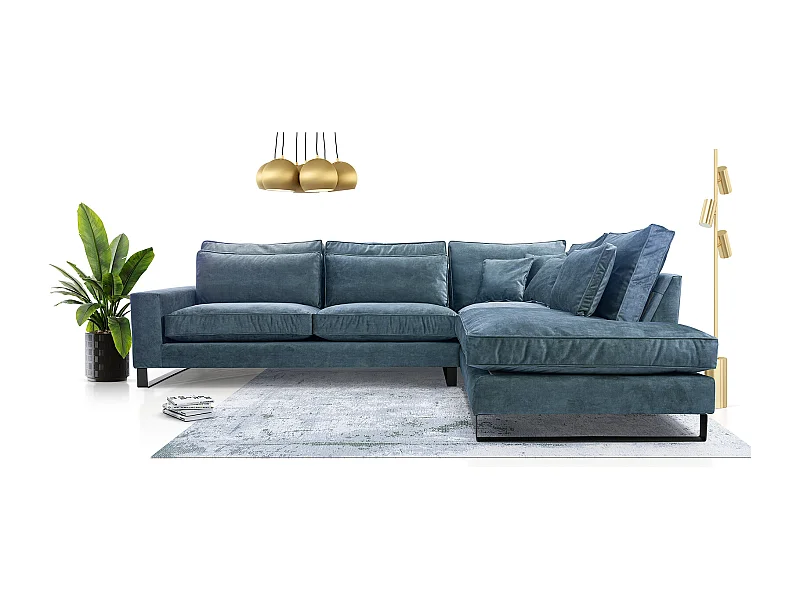 Ecksofa Freistehend L-förmig mit Wasserabweisendem Torre-Bezug, Abnehmbaren Kissen und Schwarzen Metallfüßen – Rechte Seite 314x224x90 cm, Blau