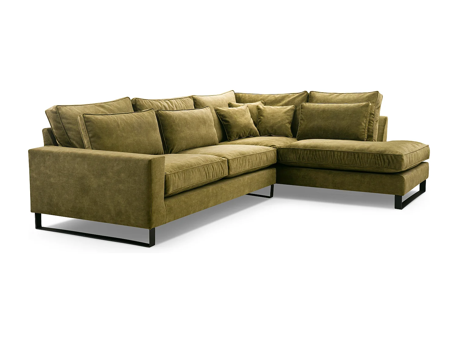 Narożna sofa wolnostojąca w kształcie L, wodoodporny materiał Torre, zdejmowane poduszki, czarne metalowe nogi, prawa strona, 314x224x90cm, zielona