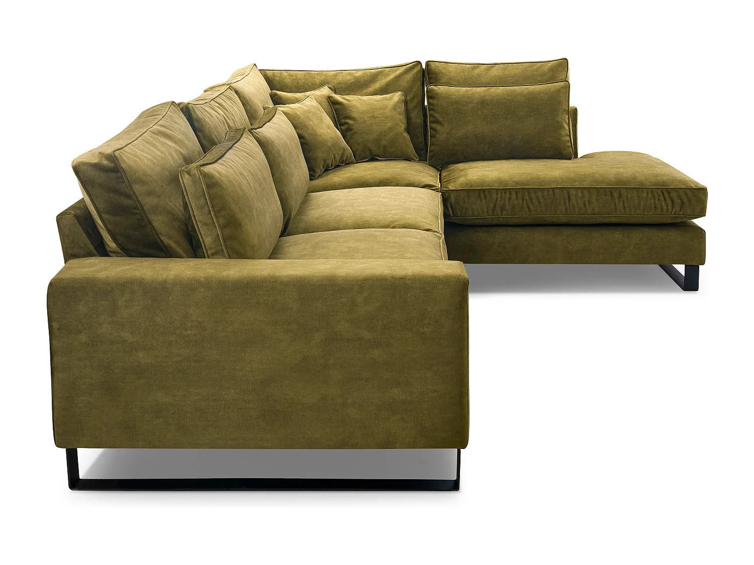 Narożna sofa wolnostojąca w kształcie L, wodoodporny materiał Torre, zdejmowane poduszki, czarne metalowe nogi, prawa strona, 314x224x90cm, zielona
