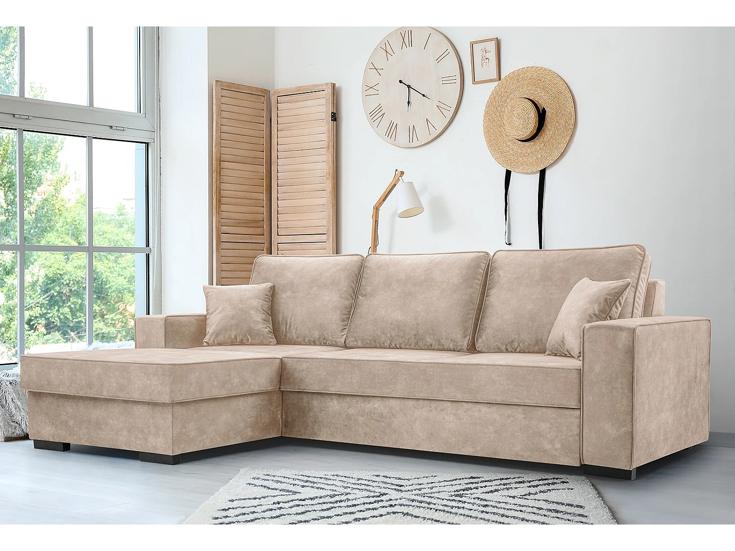 Schlafcouch mit Stauraum & Schlaffunktion – Sofa mit Automatik-Wagenmechanismus, Veloursstoff, gepolstertes Ecksofa | 223x160 cm | Beige, Linke Seite
