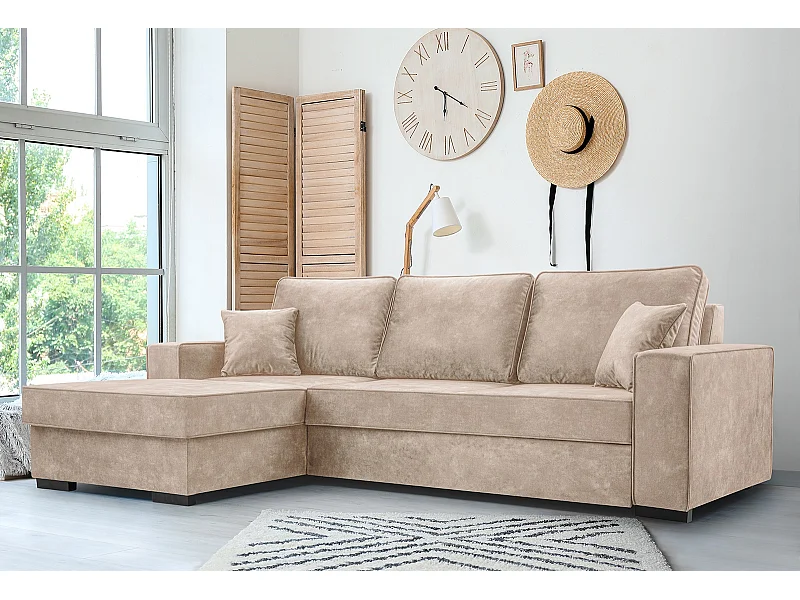 Schlafcouch mit Stauraum & Schlaffunktion – Sofa mit Automatik-Wagenmechanismus, Veloursstoff, gepolstertes Ecksofa | 223x160 cm | Beige, Linke Seite