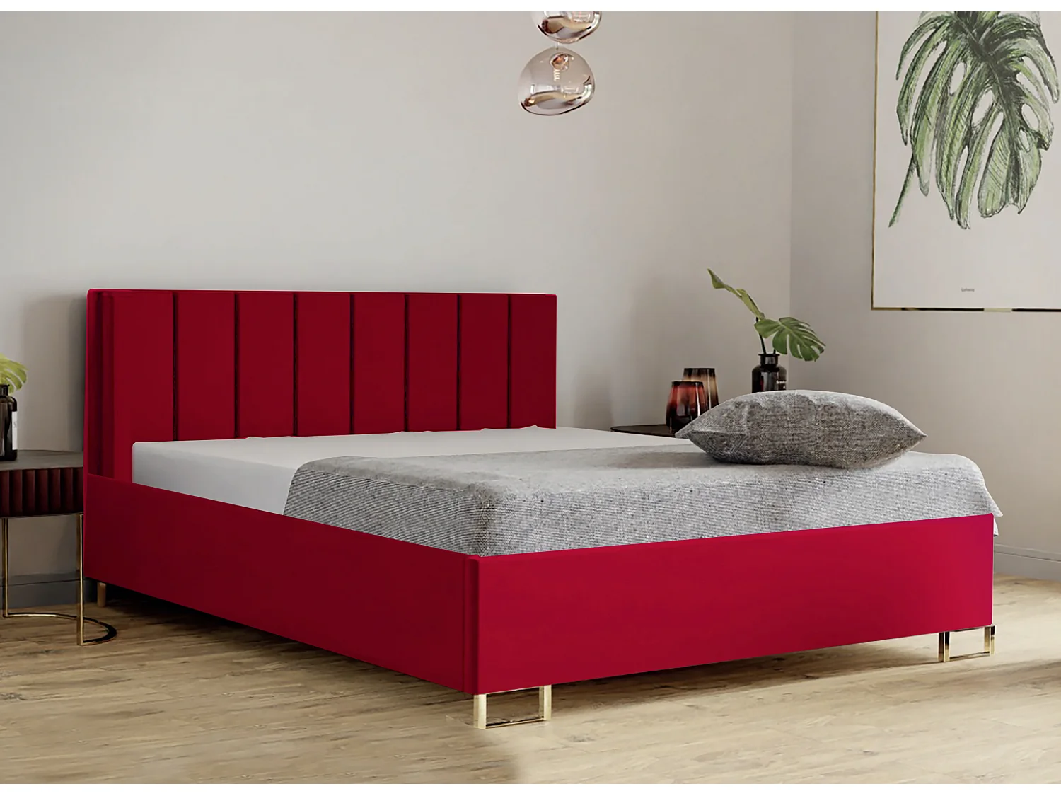 Polsterbett MALIBU 180x200 Esche, VELUTTO-Stoff, gepolstertes Kopfteil, Bettkasten mit Gasdruckfeder, 39 cm hoch, Rot