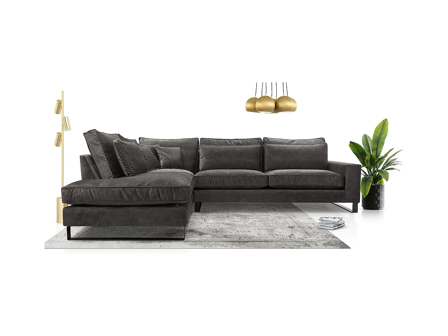 Ecksofa Freistehend L-förmig mit Wasserabweisendem Torre-Bezug, Abnehmbaren Kissen und Schwarzen Metallfüßen – Linke Seite 314x224x90 cm, Graphit