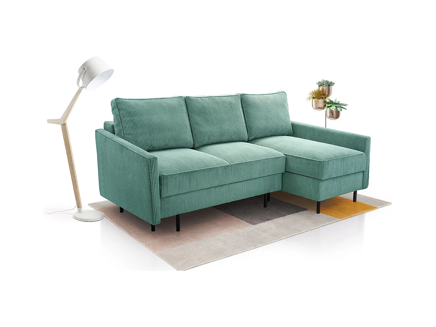 Ecksofa, ROBIN Sofa Mit Cordstoff-POSO, Ausziehbar, Schlafbereich 145x203cm, Robustes Holzgestell, Rechte Seite, TÜRKIS