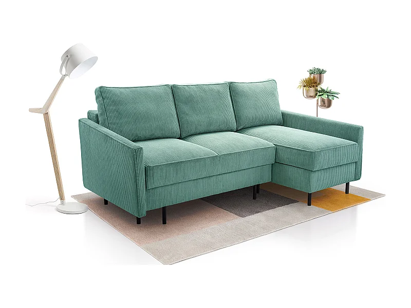 Ecksofa, ROBIN Sofa Mit Cordstoff-POSO, Ausziehbar, Schlafbereich 145x203cm, Robustes Holzgestell, Rechte Seite, TÜRKIS