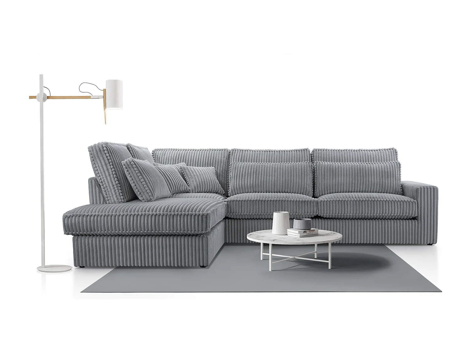 Hochwertiges Ecksofa - Modernes Sofa mit Kissen, gepolsterte Rückenlehne, bequem und stilvoll, Design Links 89x314x224 cm, Grau