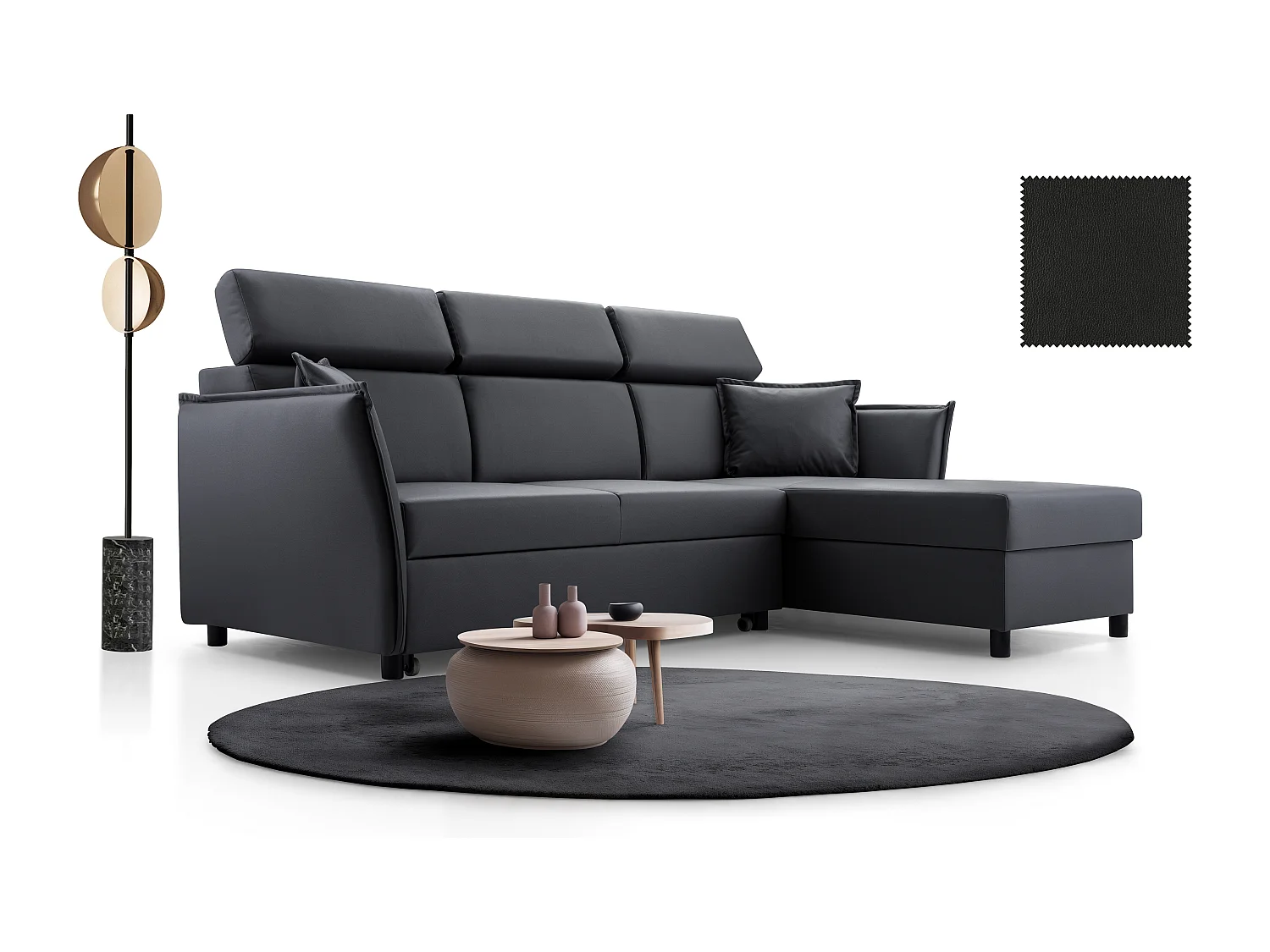 Ecksofa mit Schlaffunktion und Bettkasten-198x127cm,Verstellbare Kopfstützen,Schlafsofa,Bettsofa,Freistehend,Außenmaße 227x161,Rechte Seite,Graphit