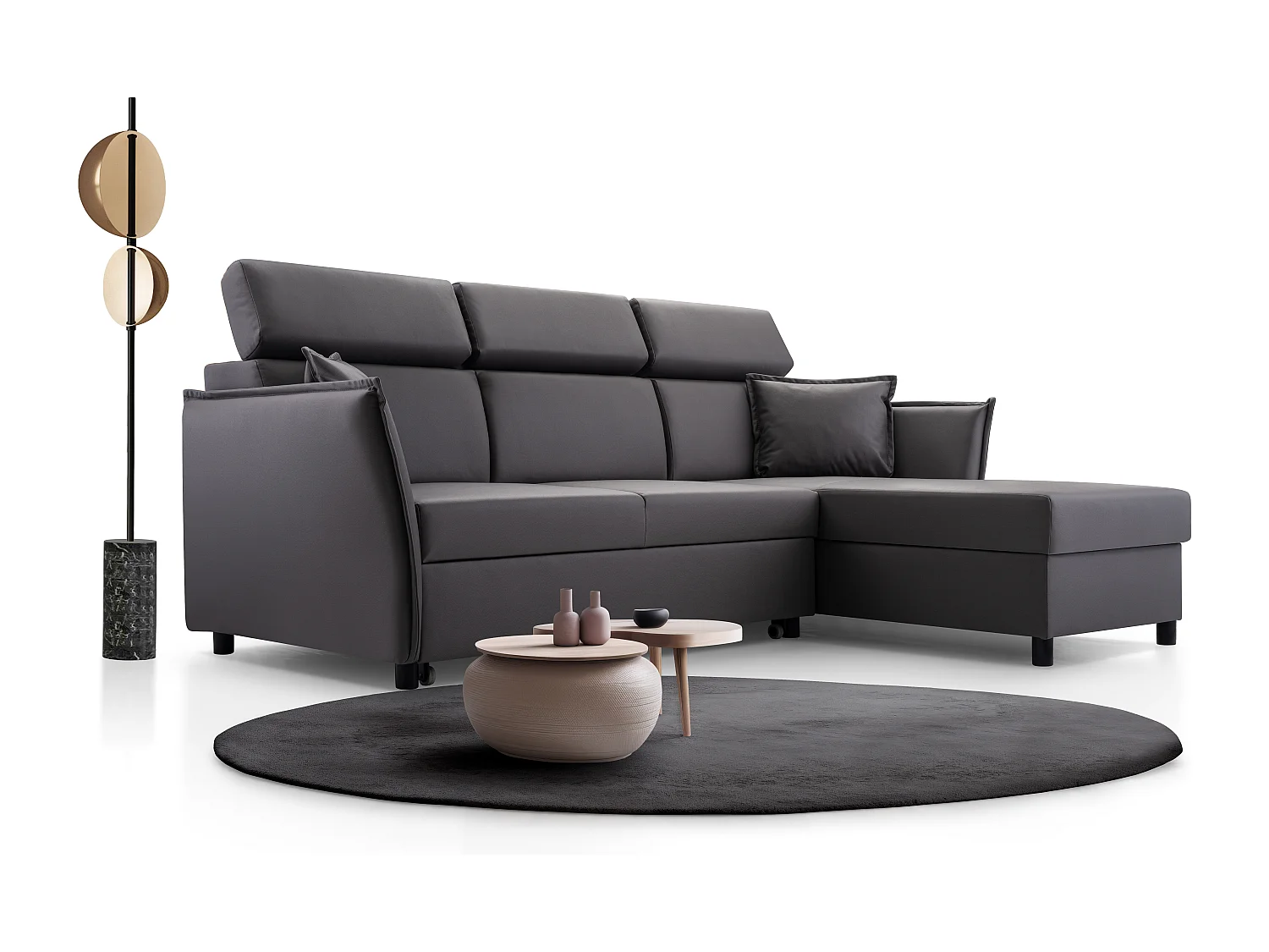 Ecksofa mit Schlaffunktion und Bettkasten-198x127cm,Verstellbare Kopfstützen,Schlafsofa,Bettsofa,Freistehend,Außenmaße 227x161,Rechte Seite,Graphit