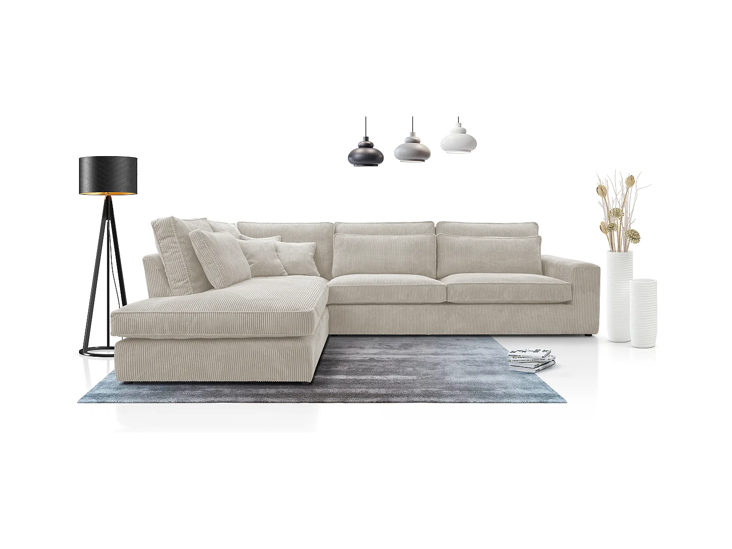 Ecksofa COBRA, Stoff-LINCOLN, Modernes Ecksofa Mit Kissen, Wellenfederung, Rückseite Bezogen, Freistehend, Links-Layout 89x314x224cm, LEER