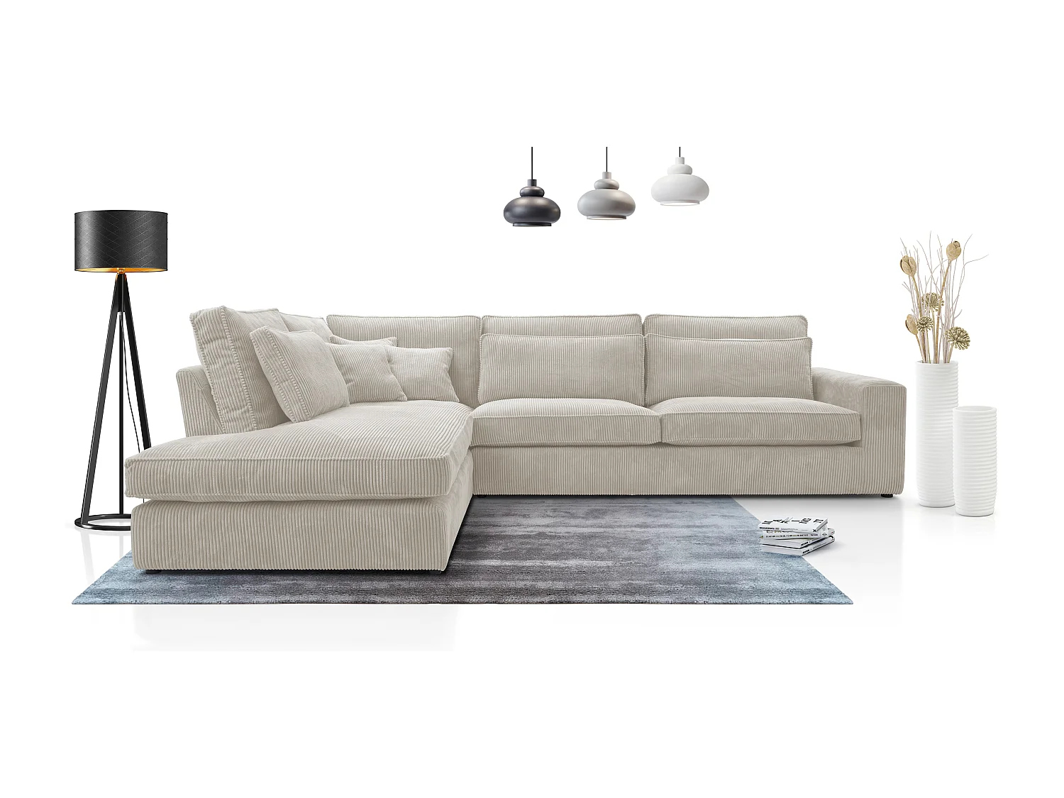 Ecksofa COBRA, Stoff-LINCOLN, Modernes Ecksofa Mit Kissen, Wellenfederung, Rückseite Bezogen, Freistehend, Links-Layout 89x314x224cm, LEER