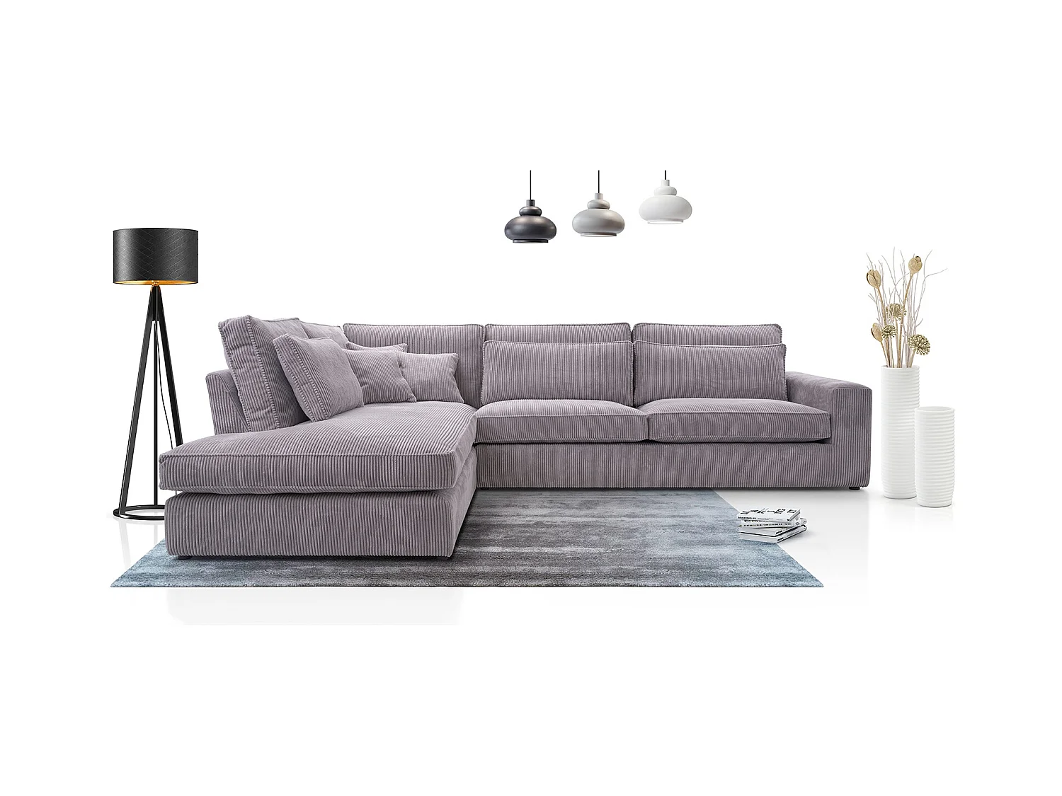 Ecksofa COBRA, Stoff-LINCOLN, Modernes Ecksofa Mit Kissen, Wellenfederung, Rückseite Bezogen, Freistehend, Links-Layout 89x314x224cm, VIOLETT