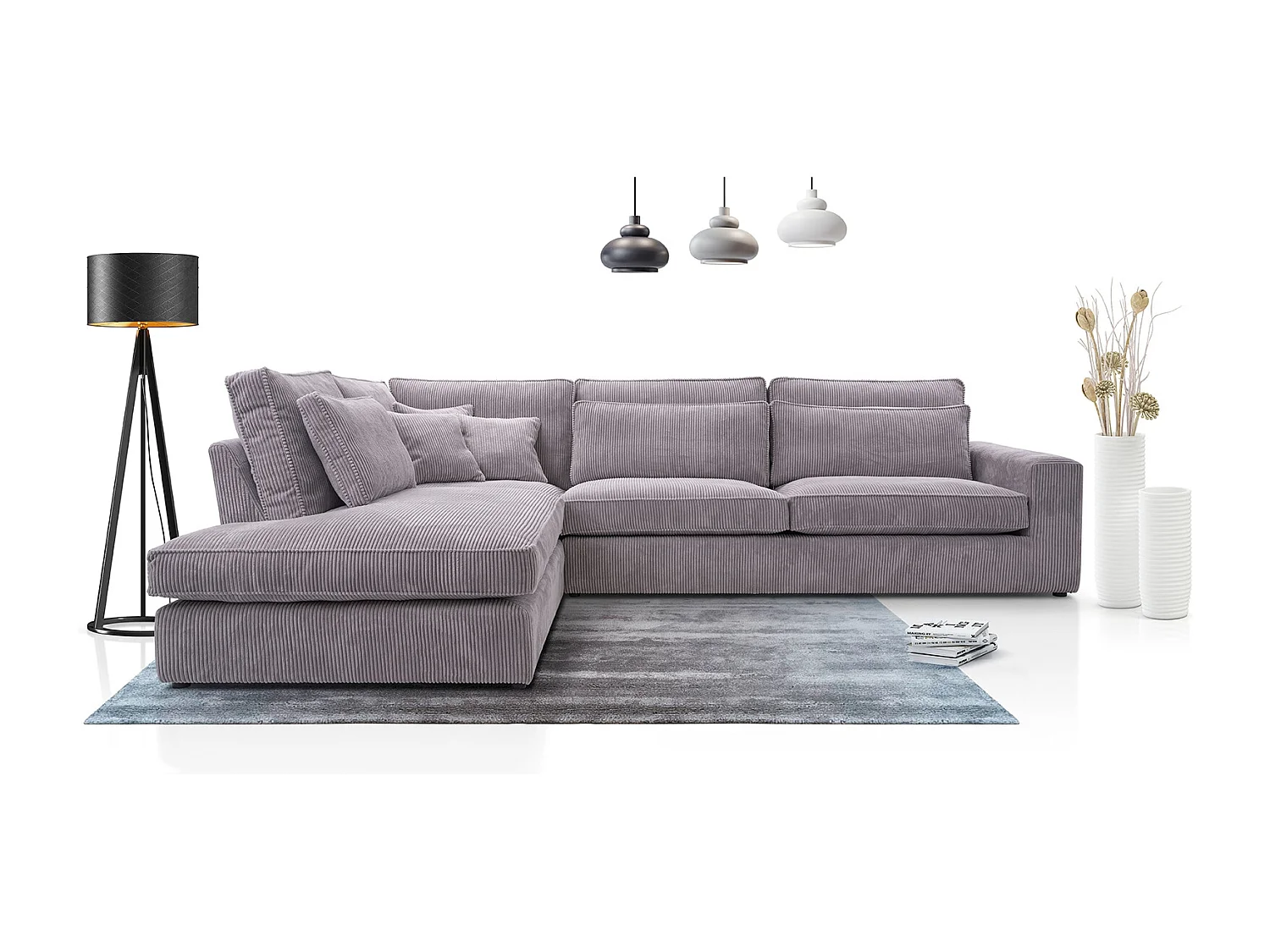 Ecksofa COBRA, Stoff-LINCOLN, Modernes Ecksofa Mit Kissen, Wellenfederung, Rückseite Bezogen, Freistehend, Links-Layout 89x314x224cm, VIOLETT