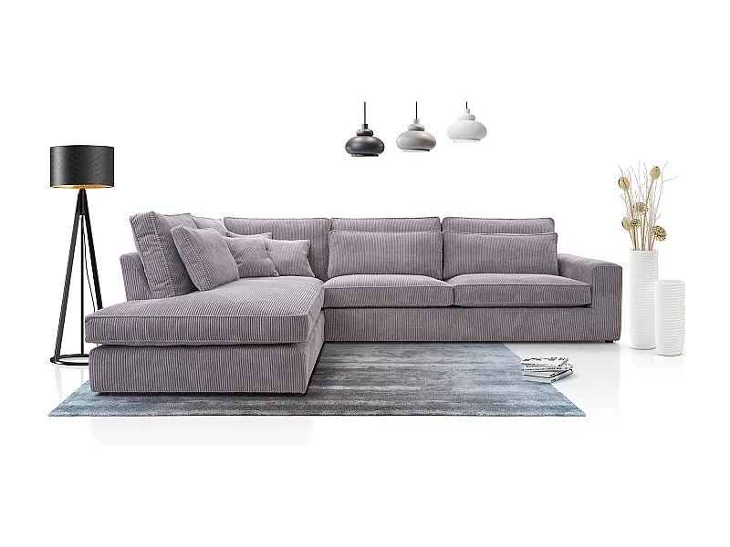 Ecksofa COBRA, Stoff-LINCOLN, Modernes Ecksofa Mit Kissen, Wellenfederung, Rückseite Bezogen, Freistehend, Links-Layout 89x314x224cm, VIOLETT
