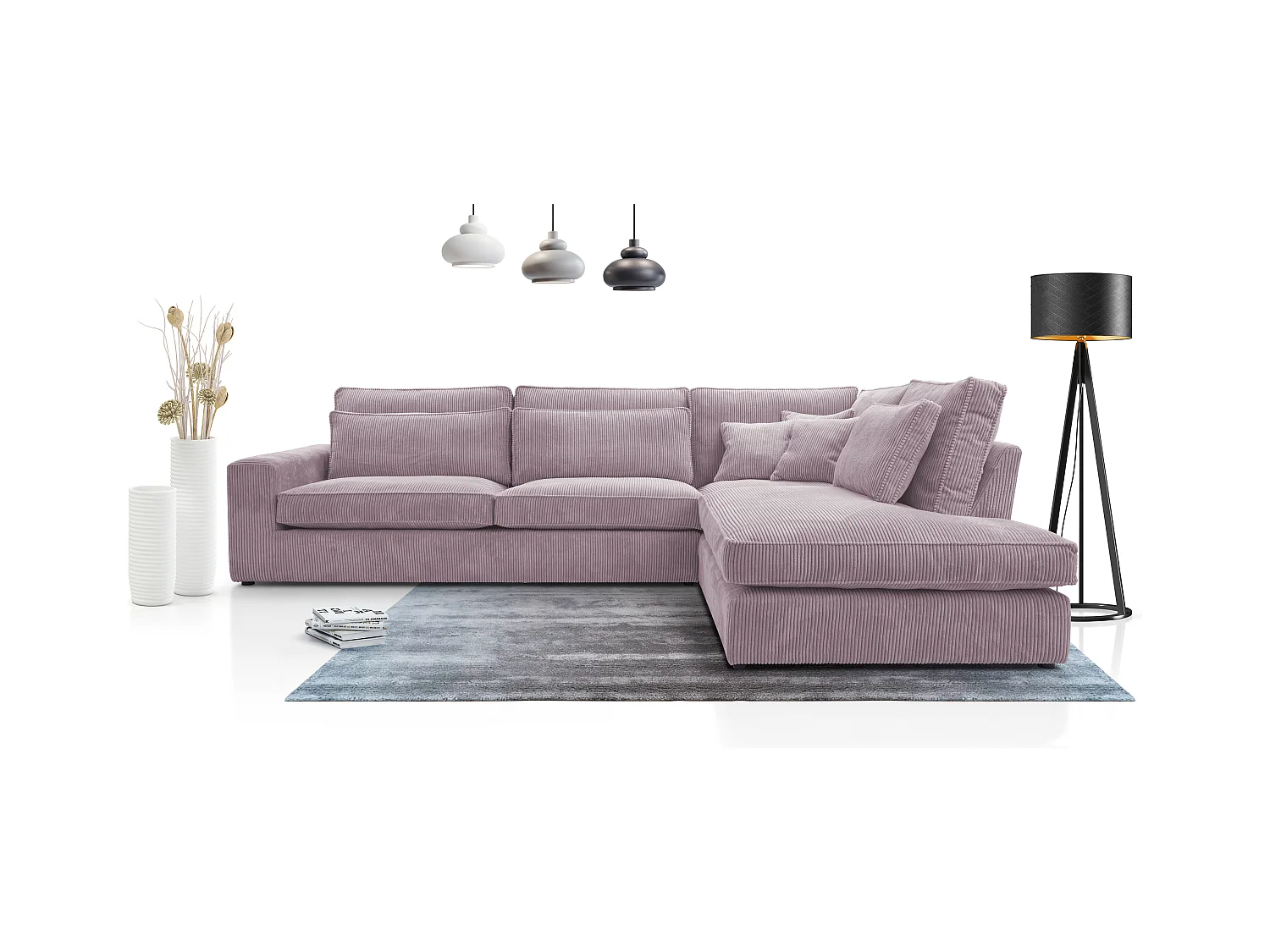 Ecksofa COBRA, Stoff-LINCOLN, Modernes Ecksofa Mit Kissen, Wellenfederung, Rückseite Bezogen, Freistehend, Rechts-Layout 89x314x224cm, HELLPURPEL