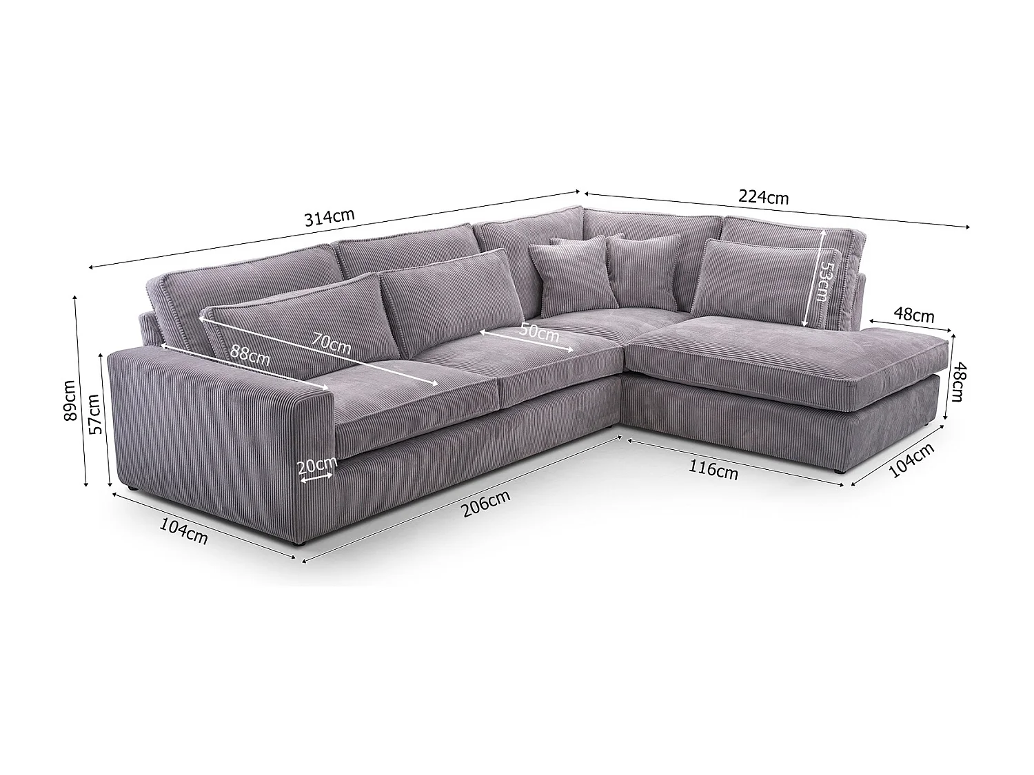 Ecksofa COBRA, Stoff-LINCOLN, Modernes Ecksofa Mit Kissen, Wellenfederung, Rückseite Bezogen, Freistehend, Rechts-Layout 89x314x224cm, HELLPURPEL
