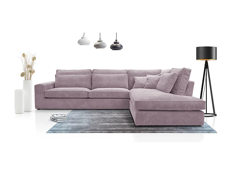 Ecksofa COBRA, Stoff-LINCOLN, Modernes Ecksofa Mit Kissen, Wellenfederung, Rückseite Bezogen, Freistehend, Rechts-Layout 89x314x224cm, HELLPURPEL
