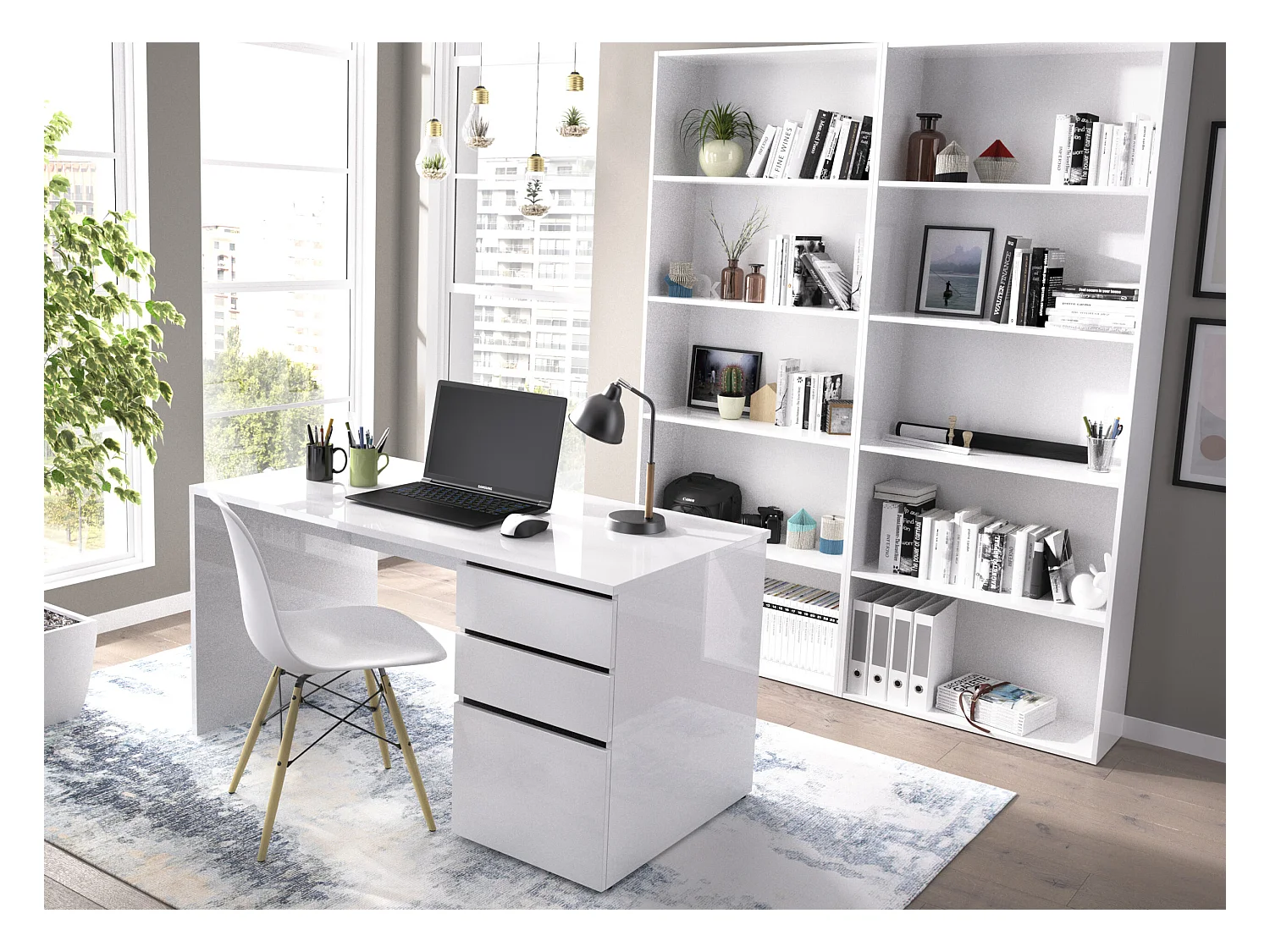 Escritorio Shiro 2 cajones con armario blanco 75x139x60 cm