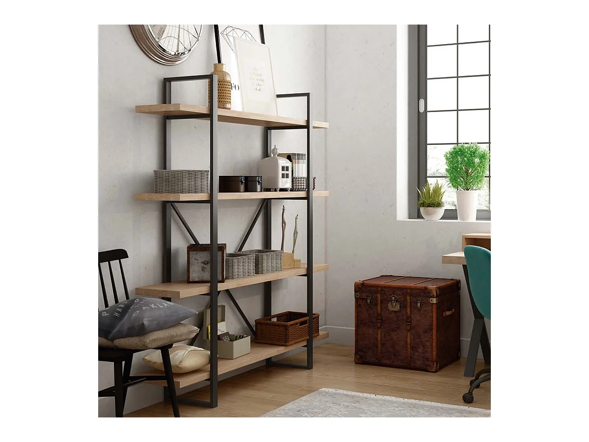 Bibliothèque industrielle en planches 150x180x35 cm Noir et bois