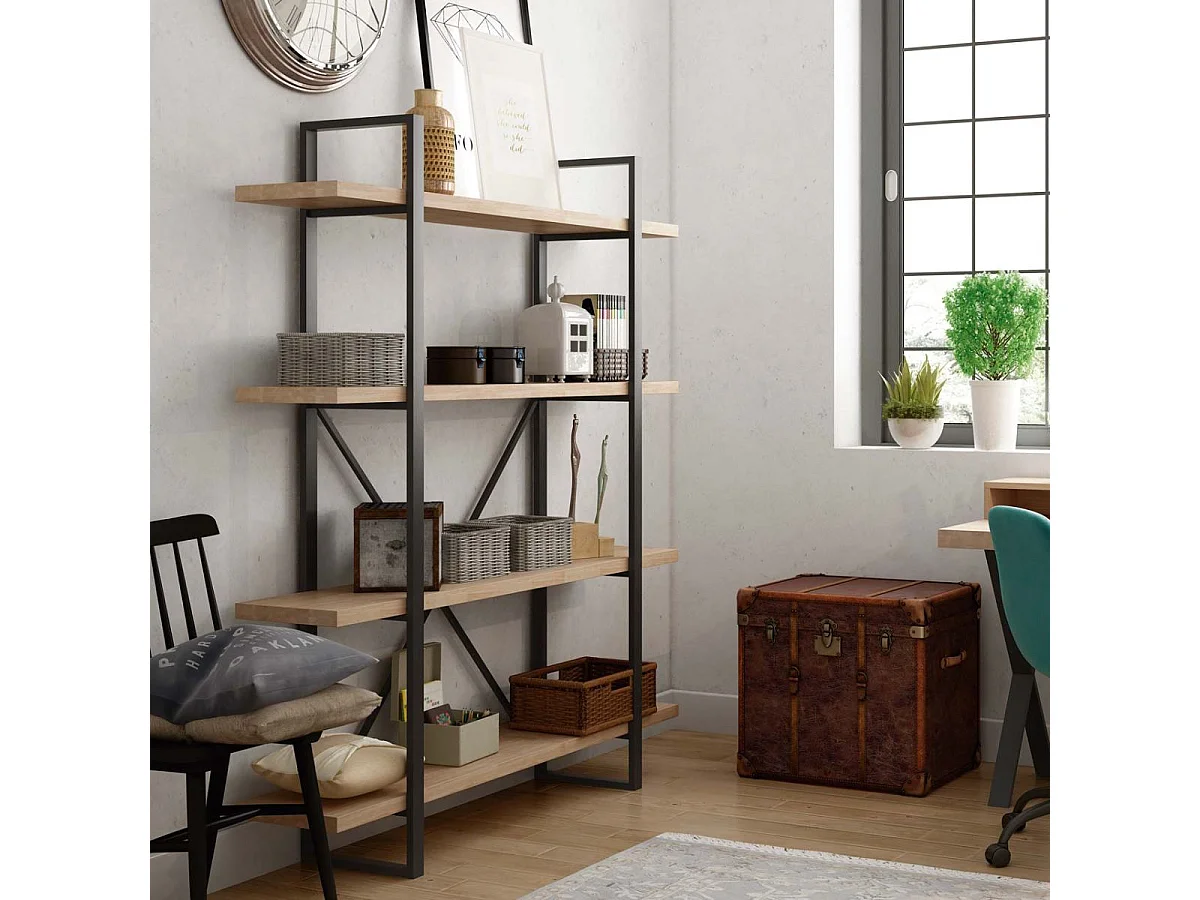 Estantería Plank 4 estantes metal roble nordish/negro 180x150x30 cm Adec