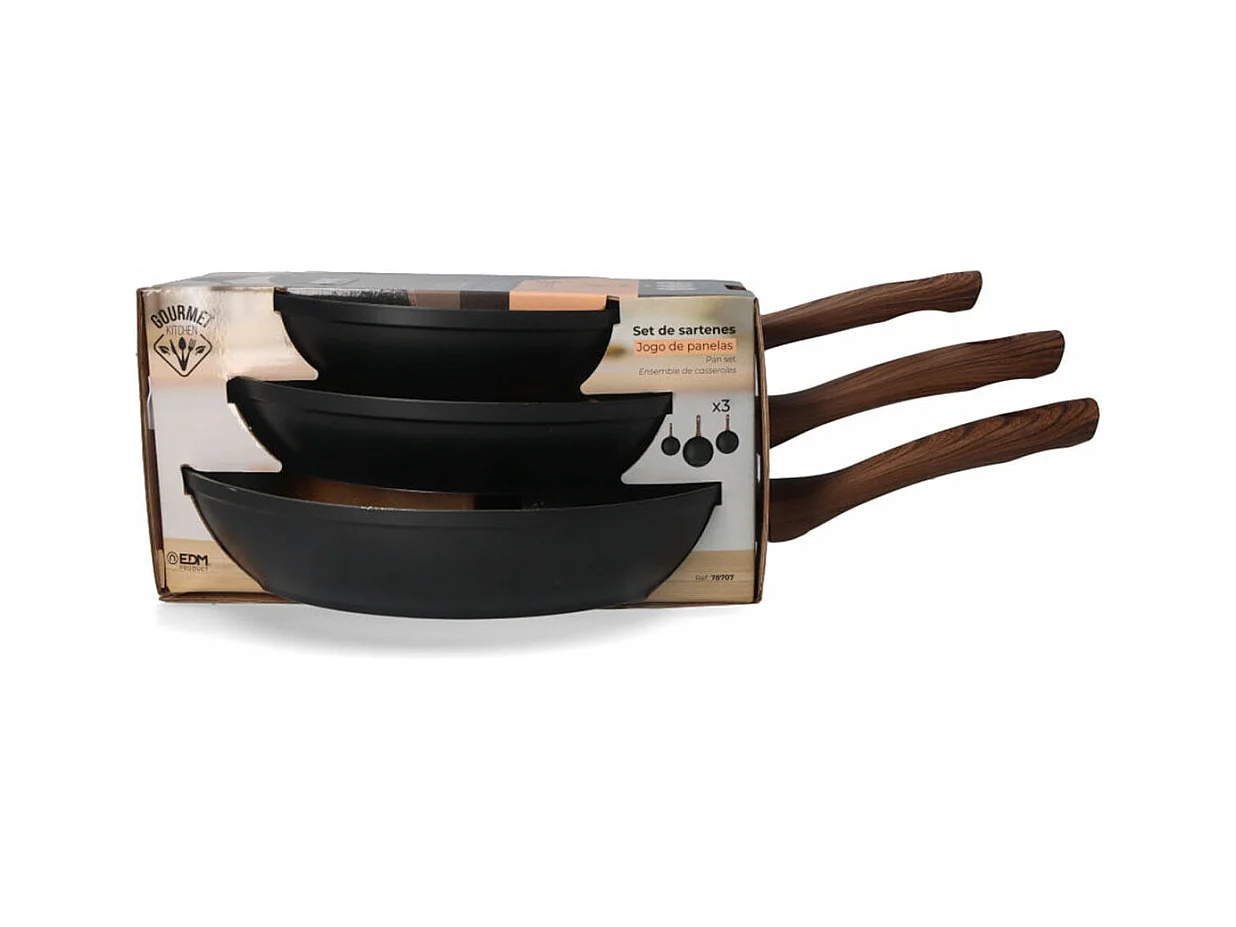 Set de 3 sartenes Serie Eneas EDM revestimiento de mármol negro Ø20/Ø24/Ø28 cm