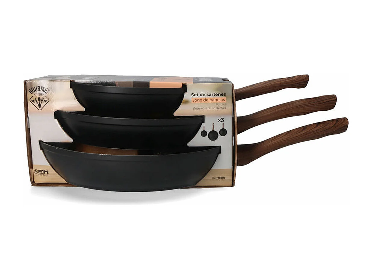 Set de 3 sartenes Serie Eneas EDM revestimiento de mármol negro Ø20/Ø24/Ø28 cm