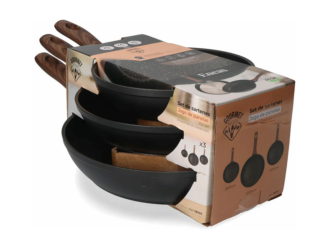 Set de 3 sartenes Serie Eneas EDM revestimiento de mármol negro Ø20/Ø24/Ø28 cm