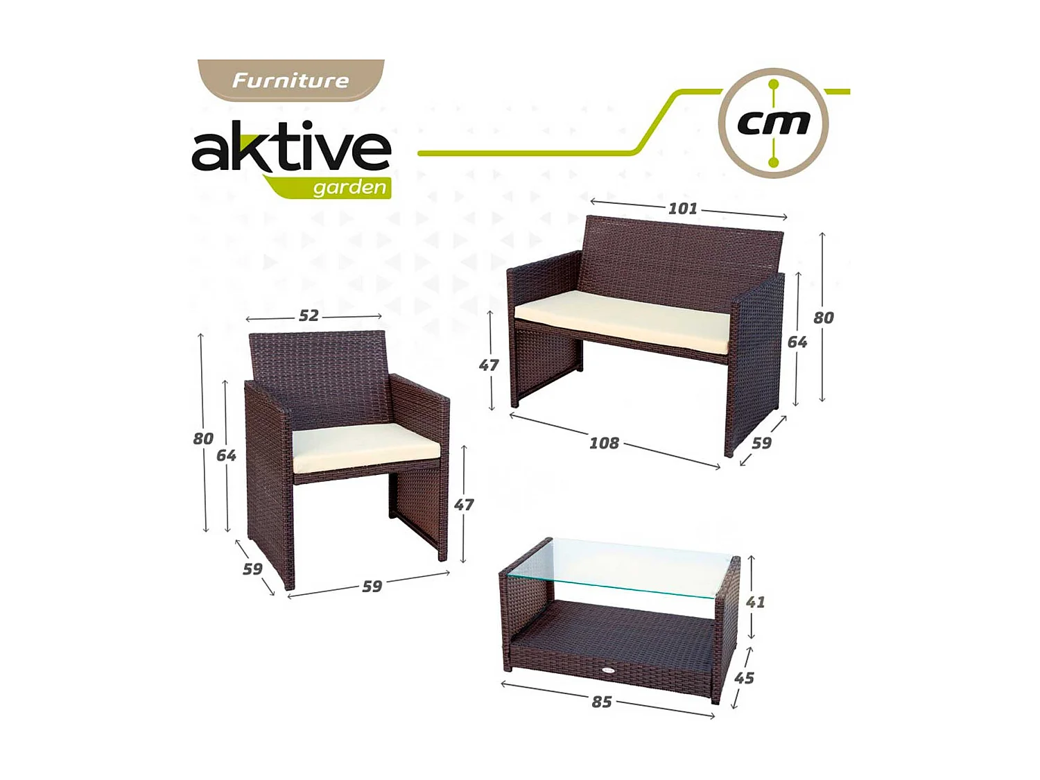 Conjunto de jardín Aktive Garden 2 sillones+1 sofá+ 1 mesa negro/crema