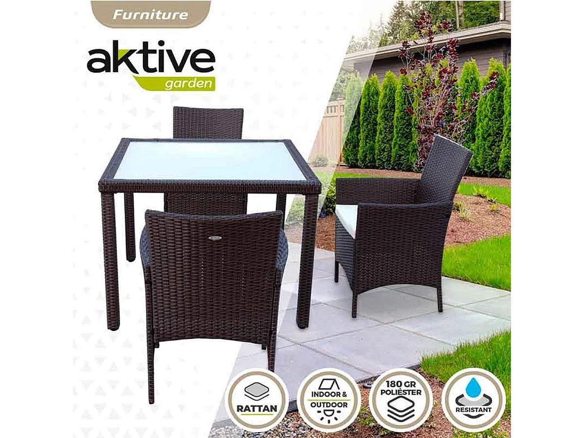 Conjunto de jardín Aktive Garden 4 sillones+mesa cuadrada con cojines ratán sintético negro