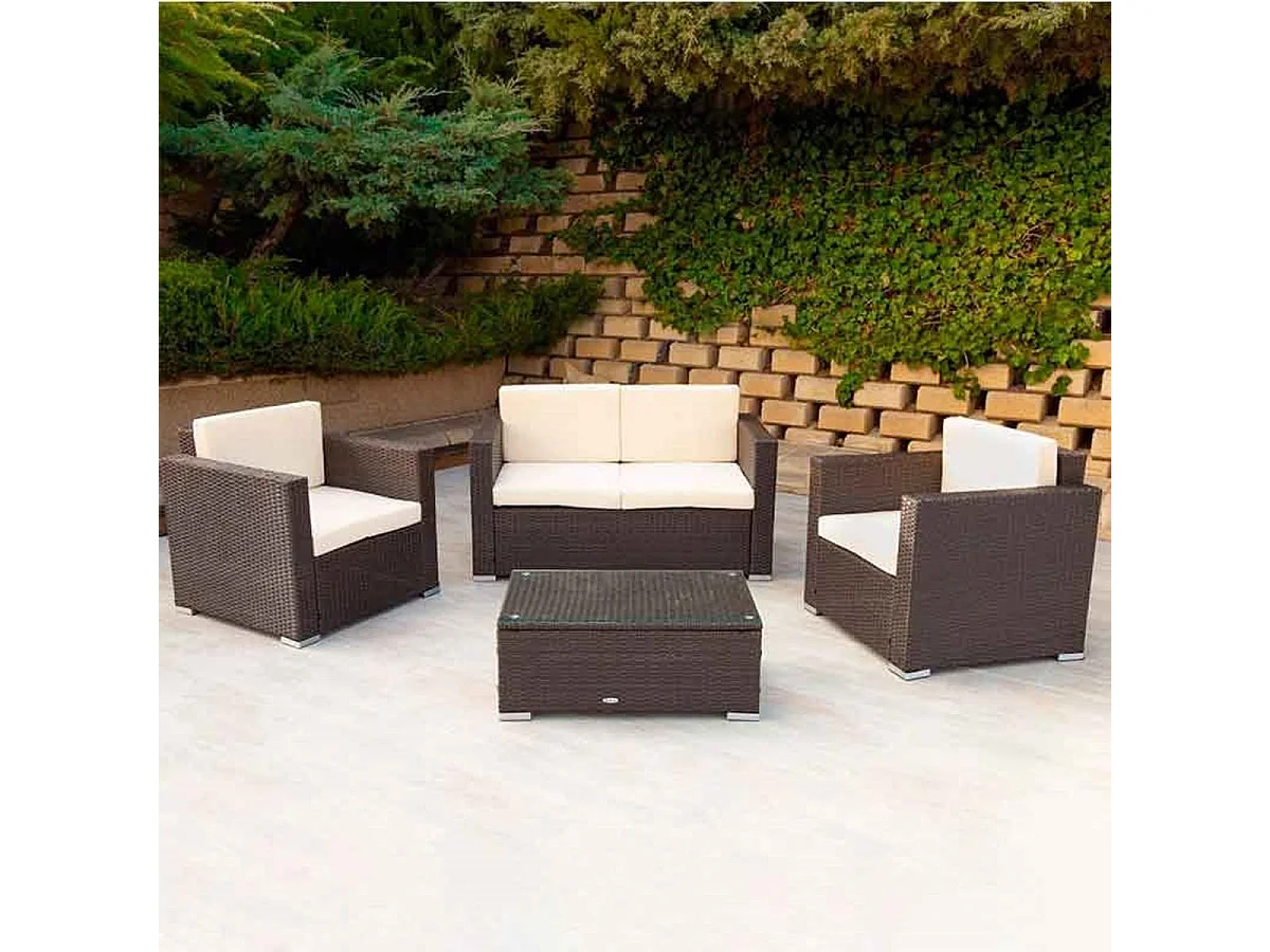 Conjunto de jardín Aktive Garden 2 sillones+sofá+mesita con coijnes ratán sintético negro