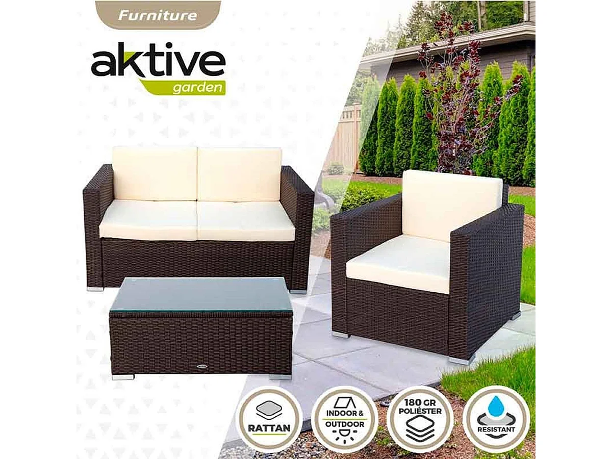 Conjunto de jardín Aktive Garden 2 sillones+sofá+mesita con coijnes ratán sintético negro