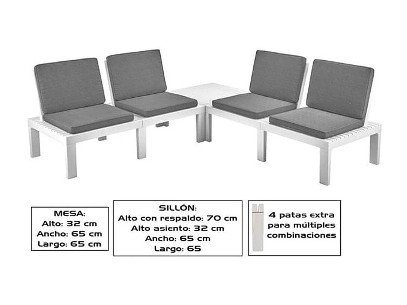 Conjunto Molok 4 asientos con cojín+mesa blanco/gris