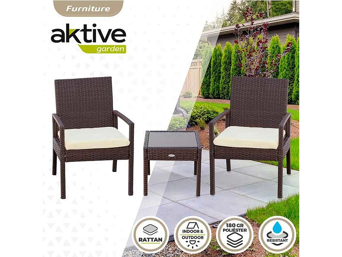 Conjunto de jardín Aktive Garden 2 sillones con cojín+mesita ratán sintético negro
