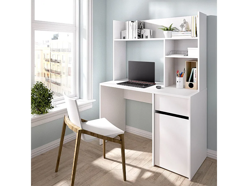 Mesa de escritorio Bali cajón + armario + 3 compartimentos blanco 154x110x50 cm