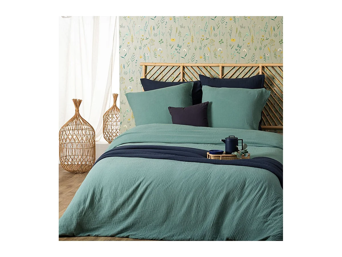 Parure de lit 2 Personnes en gaze de coton Vert Céladon 240 x 220 cm Housse de couette avec 2 taies