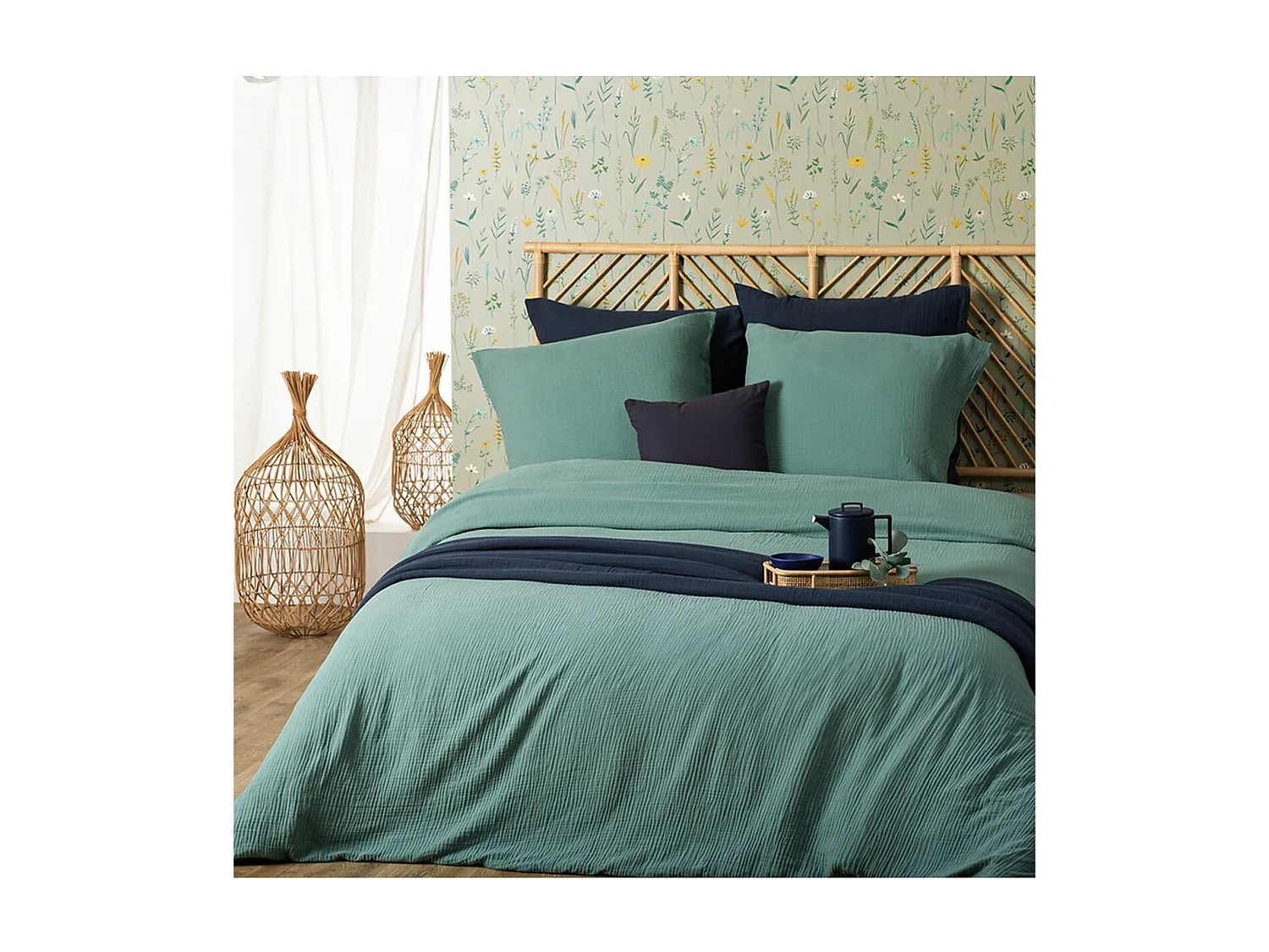 Parure de lit 2 Personnes en gaze de coton Vert Céladon 260 x 240 cm  Housse de couette avec 2 taies