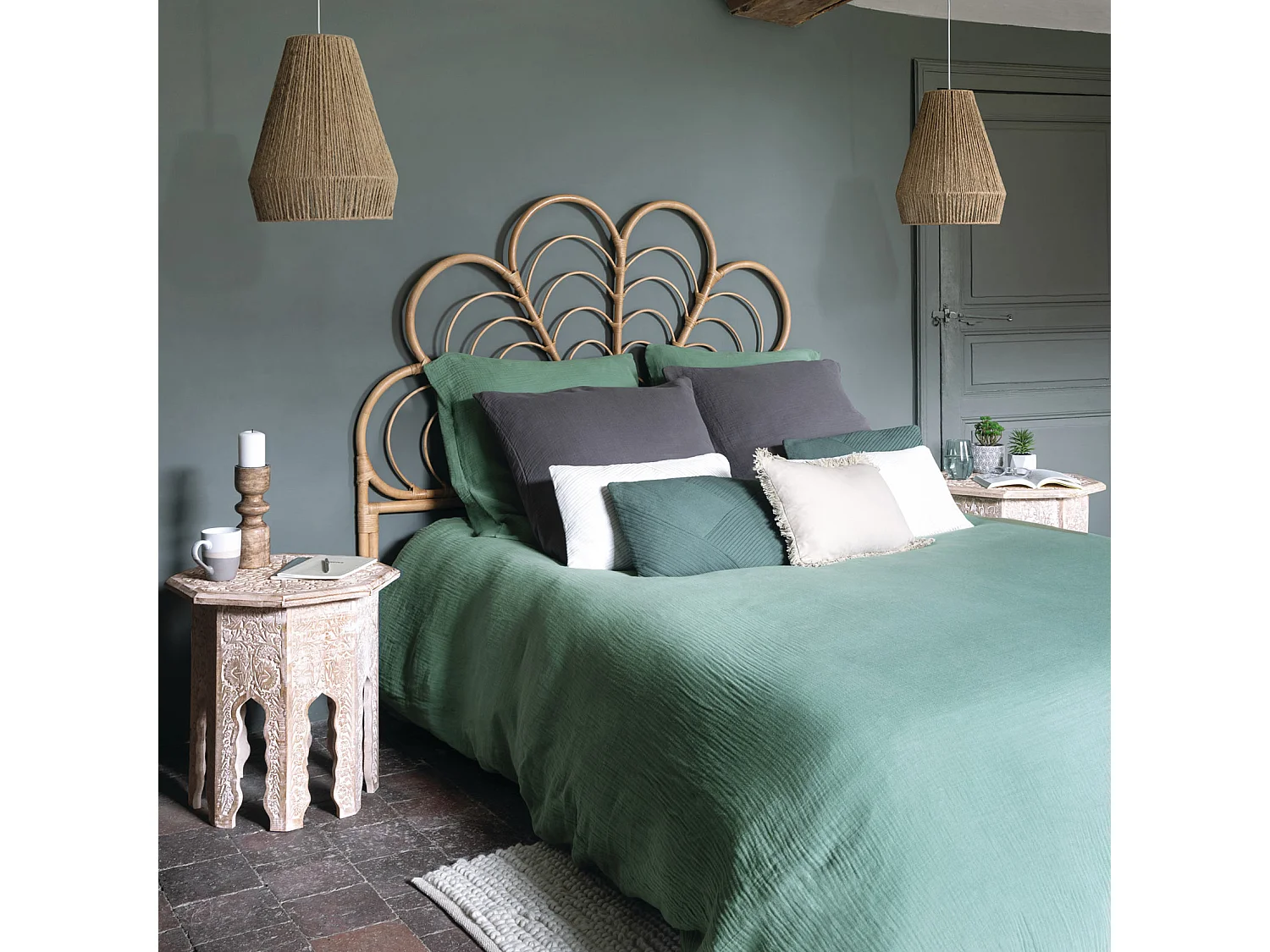 Parure de lit 2 Personnes en gaze de coton Vert Céladon 260 x 240 cm  Housse de couette avec 2 taies