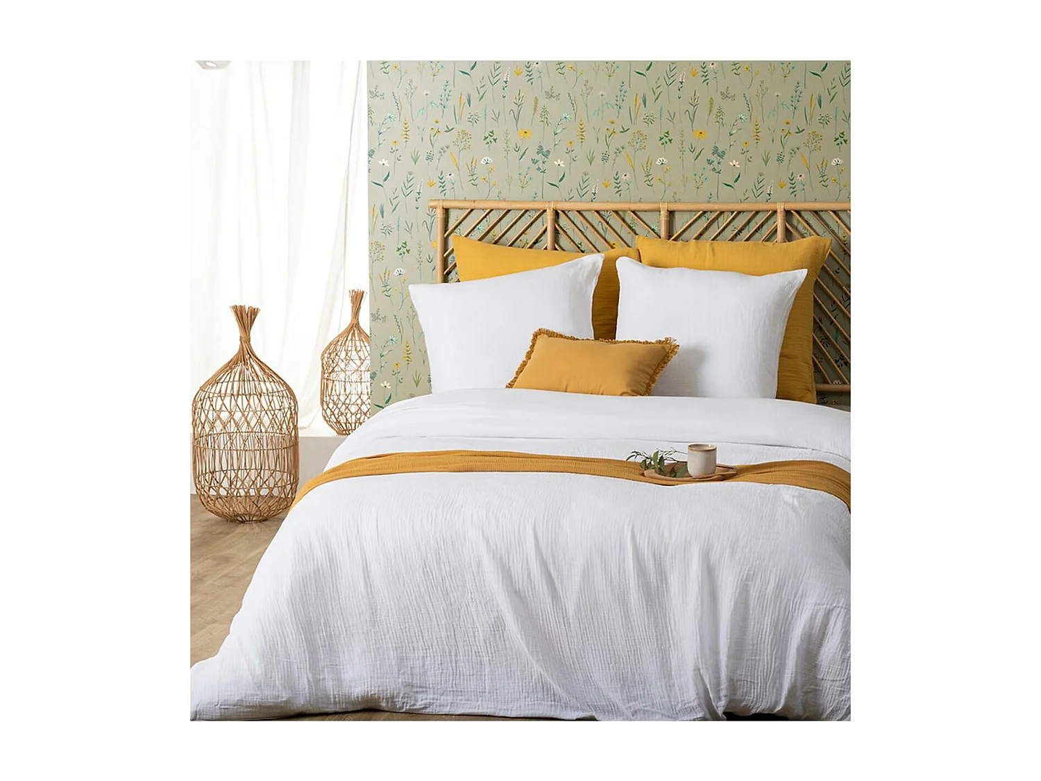 Parure de lit 2 Personnes en gaze de coton Blanc 240 x 220 cm Housse de couette avec 2 taies