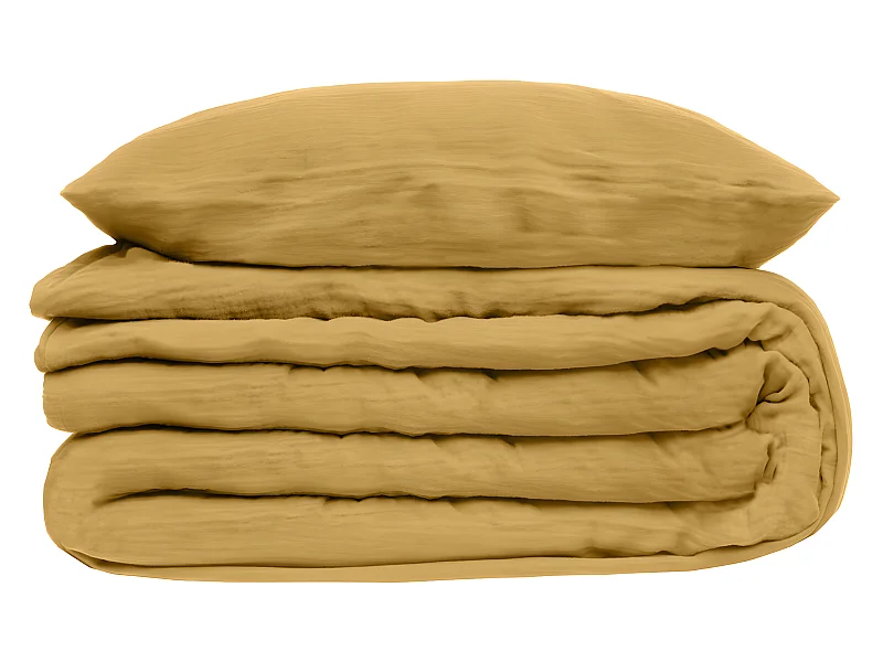 Parure de lit 2 Personnes en gaze de coton Jaune Ocre 260 x 240 cm Housse de couette avec 2 taies