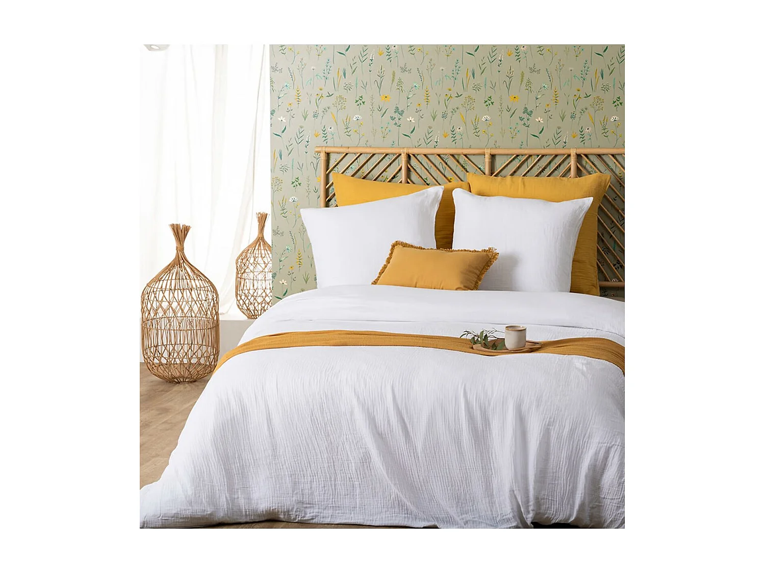 Parure de lit 2 Personnes en gaze de coton Blanc 260 x 240 cm Housse de couette avec 2 taies