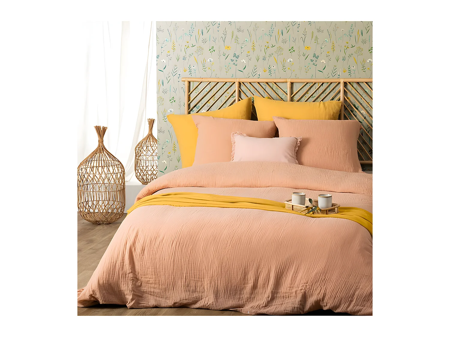 Parure de lit 2 Personnes en gaze de coton Rose  260 x 240 cm Housse de couette avec 2 taies