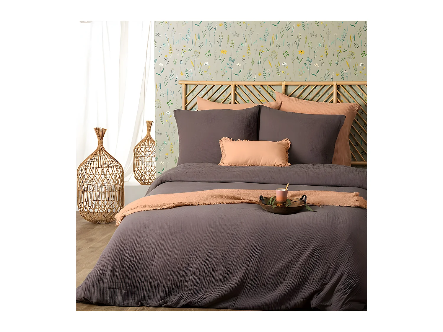 Parure de lit 2 Personnes en gaze de coton Gris 240 x 220 cm Housse de couette avec 2 taies