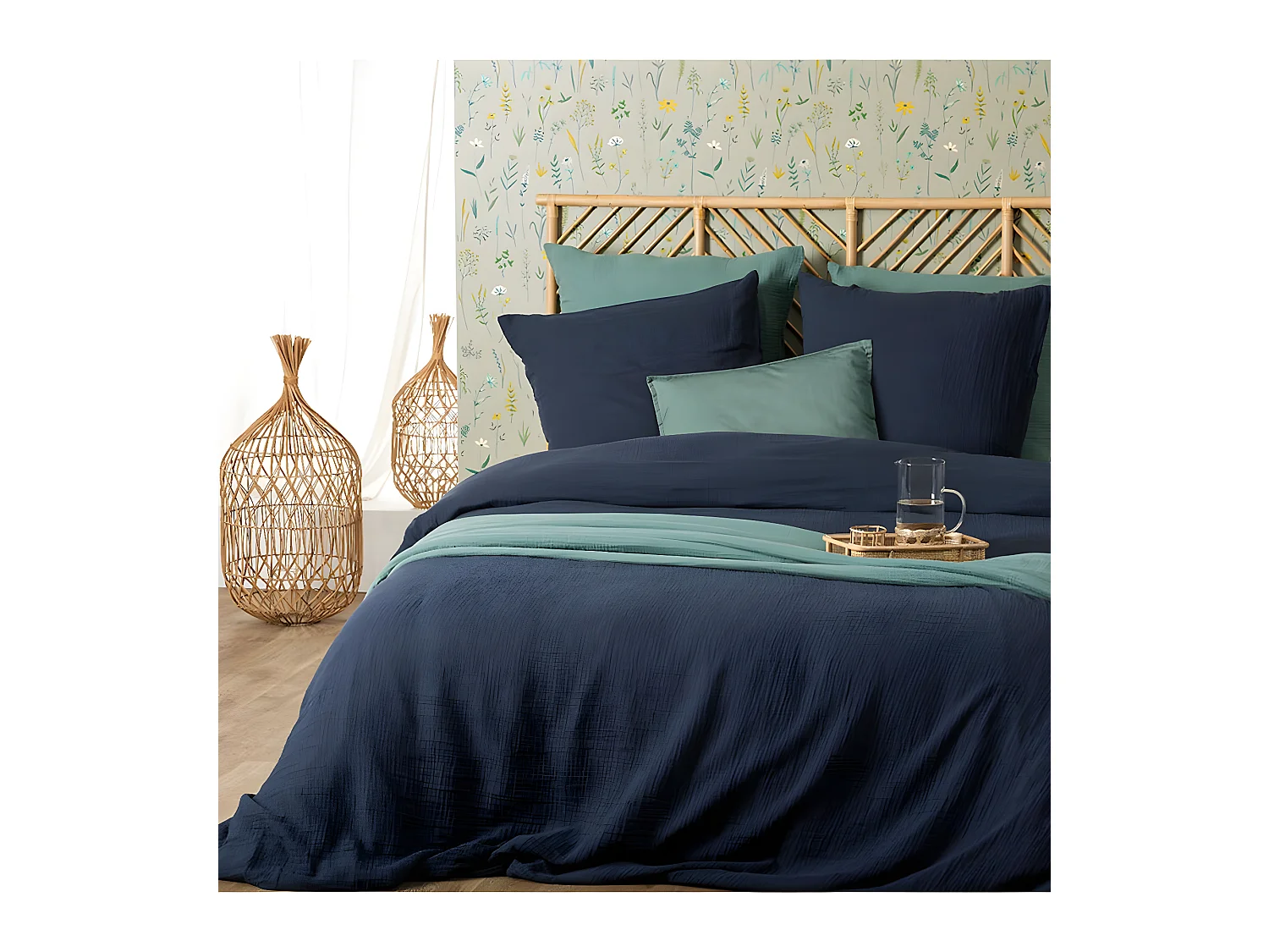 Parure de lit 2 Personnes en gaze de coton Bleu Gris 240 x 220 cm Housse de couette avec 2 taies