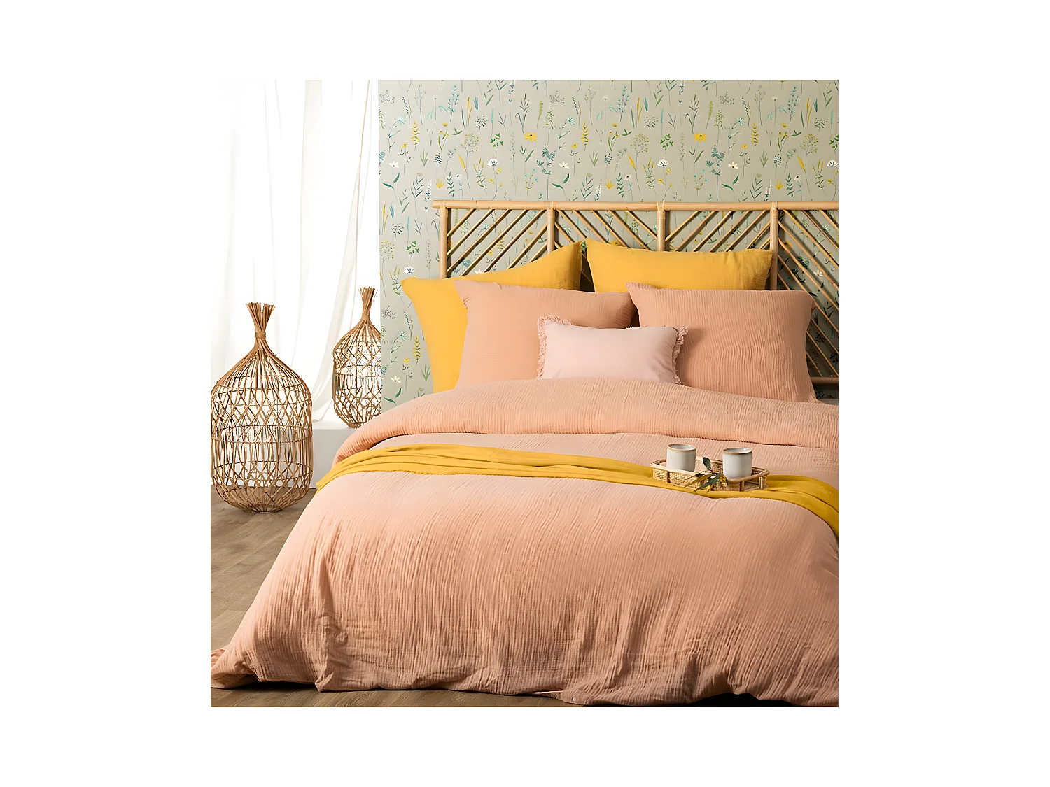 Parure de lit 2 Personnes en gaze de coton Rose 240 x 220 cm Housse de couette avec 2 taies
