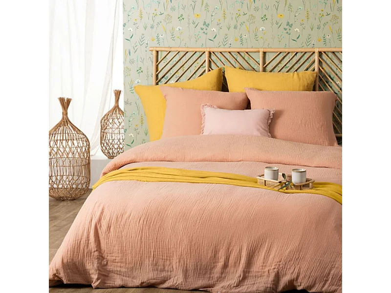 Parure de lit 2 Personnes en gaze de coton Rose 240 x 220 cm Housse de couette avec 2 taies